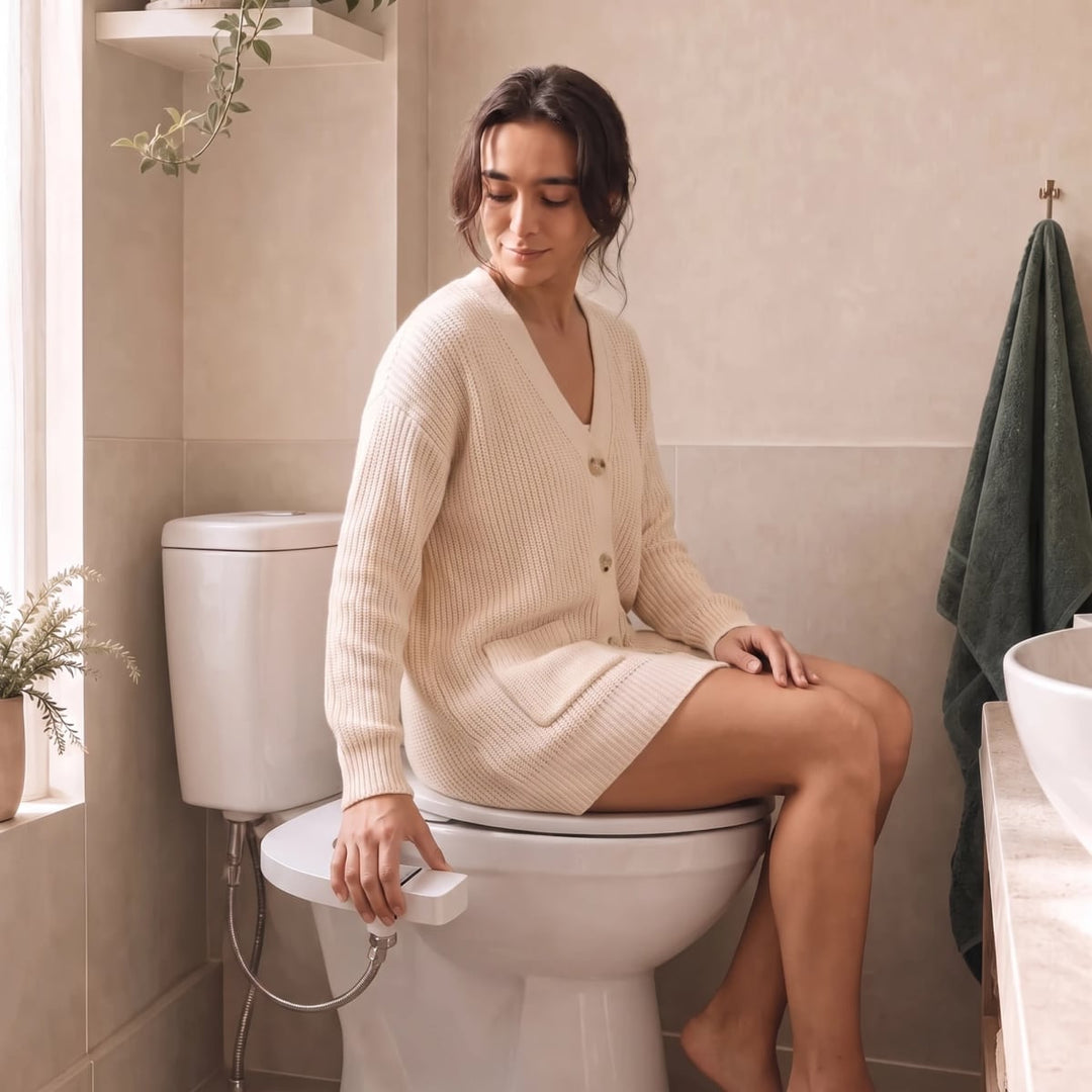Une femme assise sur des WC classiques en deux pièces tourne, du bout des doigts, la molette au bout du bras du bidet TUPUDUKU, sur le côté de la lunette, sans se lever