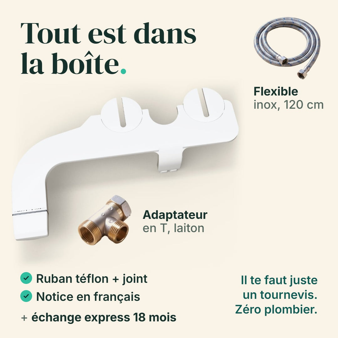 Tout est dans la boîte : le bidet TUPUDUKU vu de dessus, un flexible inox de 120 cm, un adaptateur en T en laiton, du ruban téflon et un joint, une notice en français, plus l’échange express 18 mois. Il te faut juste un tournevis (non fourni) : zéro plombier, zéro électricité