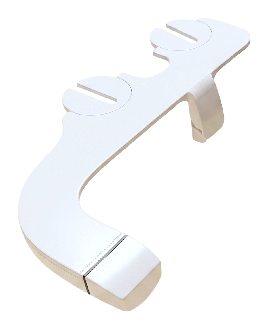 Le bidet TUPUDUKU seul : la plaque de fixation, le bras et la molette de réglage