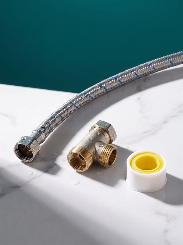 Ruban téflon posé à côté de l’adaptateur en T et du flexible