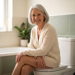 Une femme d’environ 70 ans, souriante, assise sur le couvercle fermé de ses WC