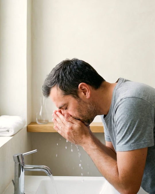 Un homme se rince le visage à l’eau claire au-dessus d’un lavabo, robinet ouvert.